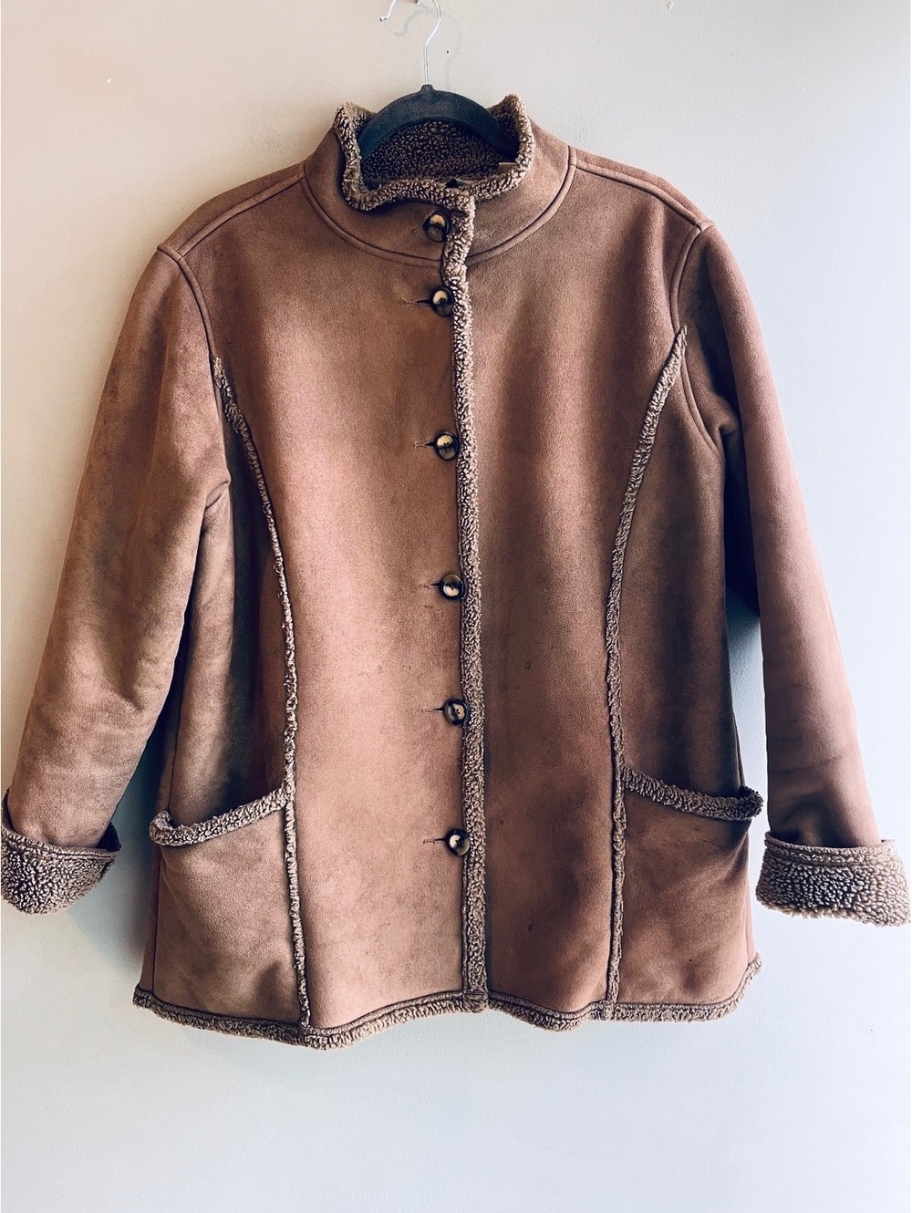 L.L.Bean Women's Large Brown Faux Shearling Coat with Button Closure